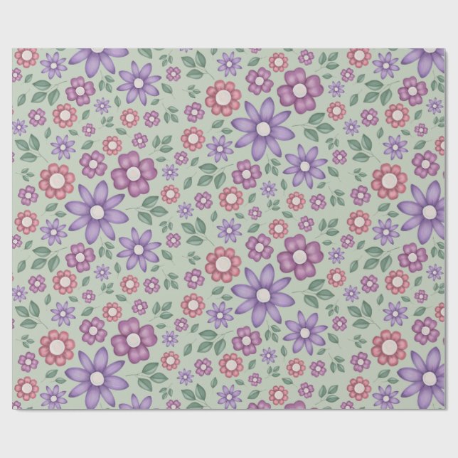 Papel De Presente calmo padrão floral pastel verde sálvia (Aberto)