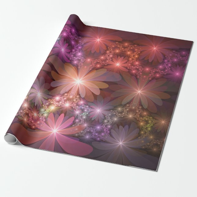 Papel De Presente Cama De Flores Colorida Abstrata Arte Fractal Bril (Desenrolado)