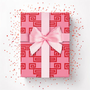 Papel De Presente Camada de Meandro de Chave Grega em Rosa e Vermelh