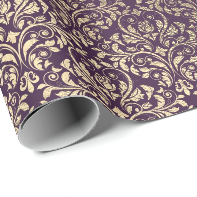 Papel De Presente Camada Dourada de metal violeta Damask Violet Purp (Ponta do rolo)