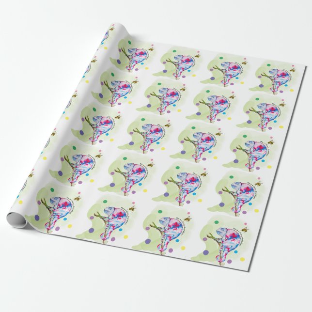 Papel De Presente Camaleão e abelha coloridos brilhantes. (Desenrolado)