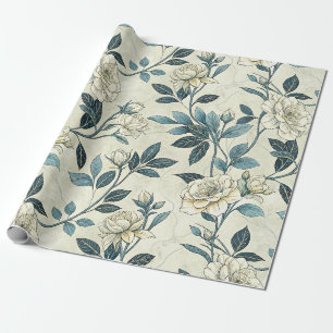Papel De Presente Camélia de Marfim Índigo Chinoiserie Botânica