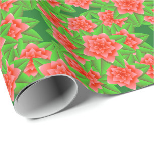 Papel De Presente Camélias Laranja Coral e Folhas Verdes