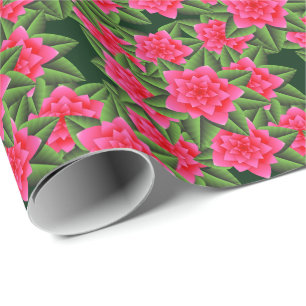Papel De Presente Camélias Rosa Coral e Folhas Verdes