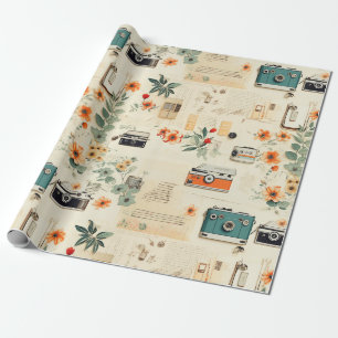 Papel De Presente Câmera Vintage Rádio Floral Azul Turquesa Laranja 