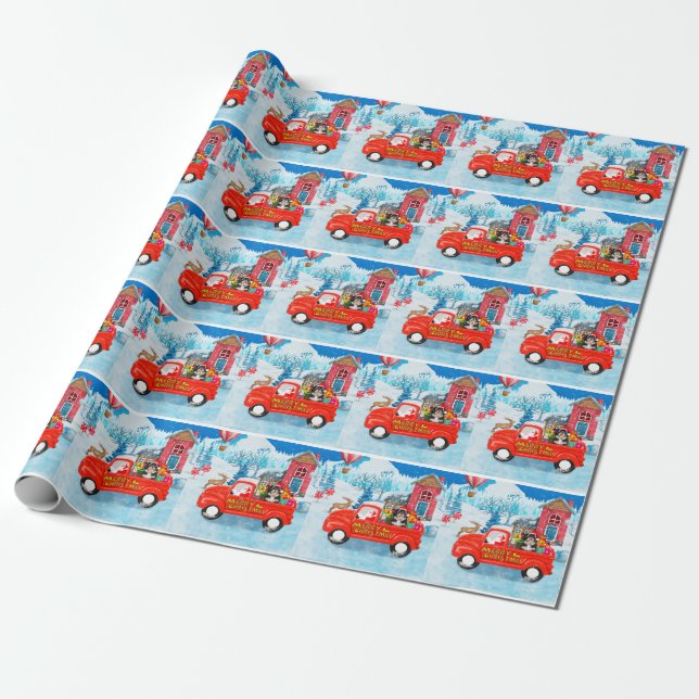 Papel De Presente Camião de Entrega de Natal com Cachorro Havanês na (Desenrolado)
