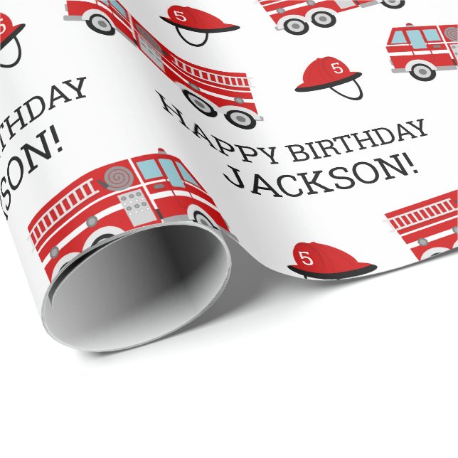 Papel De Presente Caminhão de Bombeiros Vermelho e Chapéu Personaliz (Ponta do rolo)
