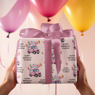 Papel De Presente Caminhão de Sorvete Personalizado Rosa Aniversário