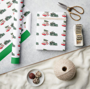 Papel De Presente caminhão festivo e campista Natal vermelho e verde
