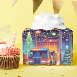 Papel De Presente Caminhão-Fogo na Árvore de Natal e Presente da Est