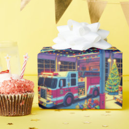 Papel De Presente Caminhão-Fogo na Árvore de Natal e Presente da Est