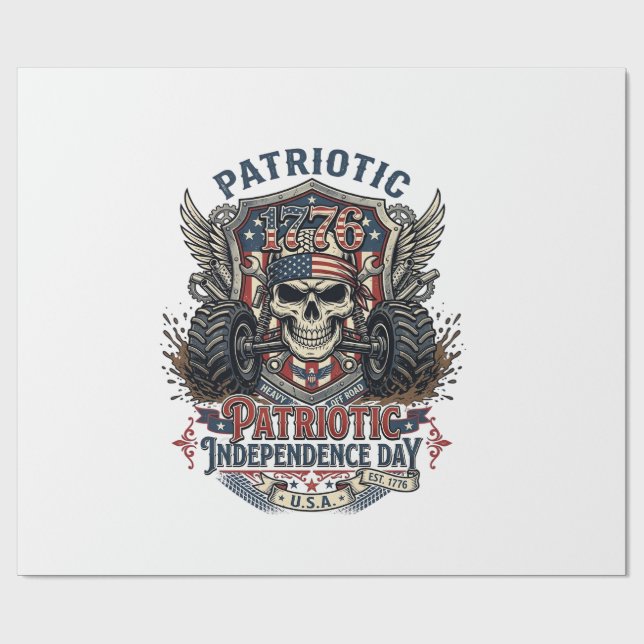 Papel De Presente Caminhão Monstro Patriótico 1776 Off Road Crânio P (Aberto)