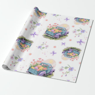 Papel De Presente Caminhão Retro Azul Turquesa e Roxo com Ovos de Pá