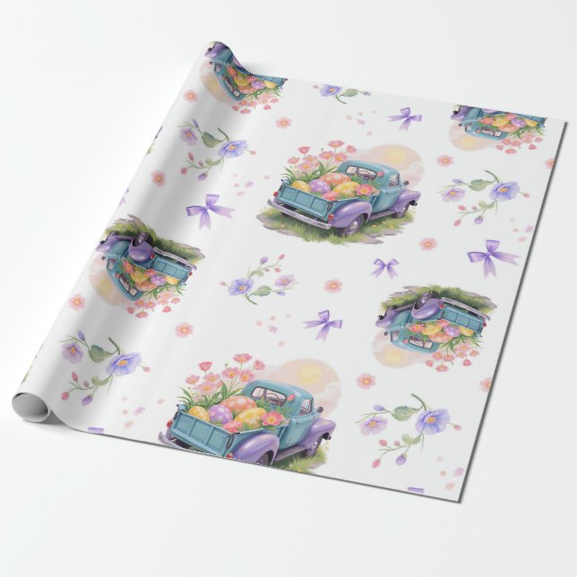 Papel De Presente Caminhão Retro Azul Turquesa e Roxo com Ovos de Pá (Desenrolado)