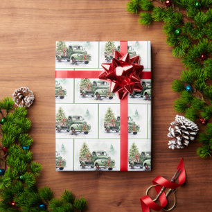 Papel De Presente Caminhão Retro Verde de Natal Com Árvore