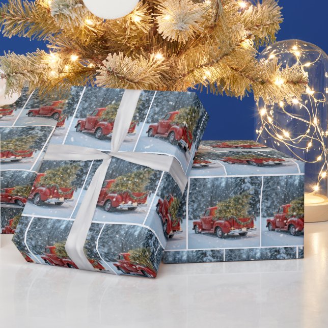 Papel De Presente Caminhão Retro Vermelho Com Árvore De Natal Em Flo (Feriados)