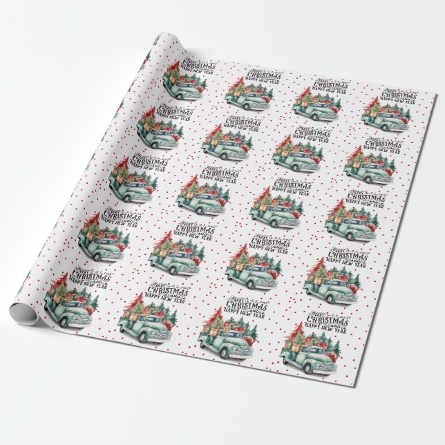 Papel De Presente Caminhão vermelho-da-safra com árvore de Natal (Desenrolado)