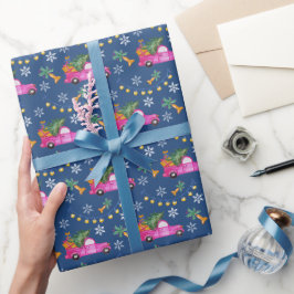 Papel De Presente Caminhão Vermelho de Natal com Árvore e Desejos