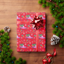 Papel De Presente Caminhão Vermelho de Natal com Árvore e Desejos