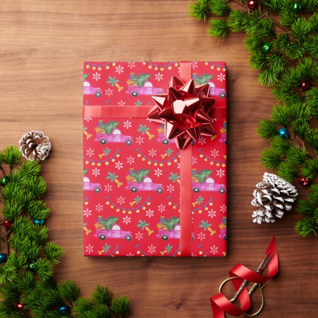 Papel De Presente Caminhão Vermelho de Natal com Árvore e Desejos (Presente de Natal)
