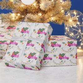 Papel De Presente Caminhão Vermelho de Natal com Árvore e Desejos