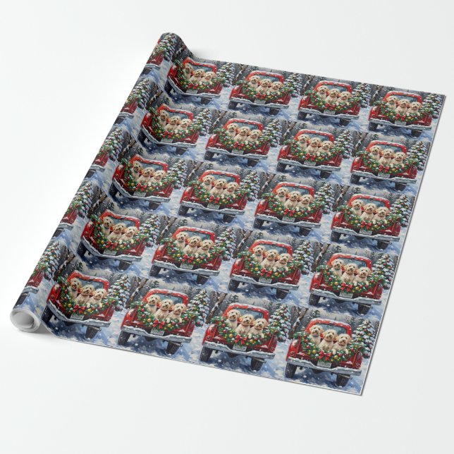 Papel De Presente Caminhão Vermelho de Natal Maltês Feriado (Desenrolado)