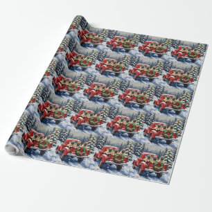 Papel De Presente Caminhão Vermelho de Natal Pug Férias