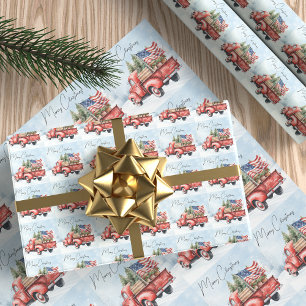 Papel De Presente Caminhão Vermelho de Natal Vintage Bandeira EUA Pa