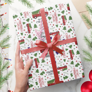 Papel De Presente Caminhão Vermelho Vintage com Natal em Árvore