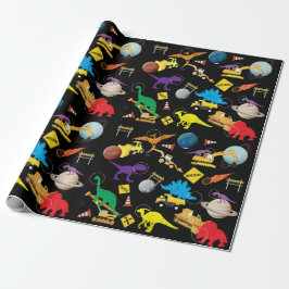 Papel De Presente Caminhões de Construção Dinossauros no Espaço