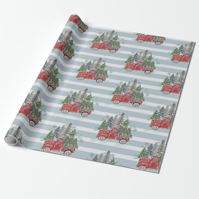 Papel De Presente Caminhões de Natal Russos Árvores Azuis Striped (Desenrolado)