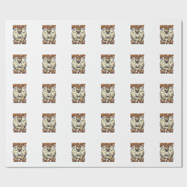 Papel De Presente Camiseta de Halloween Pug com Lua de Gravura Vinta (Aberto)