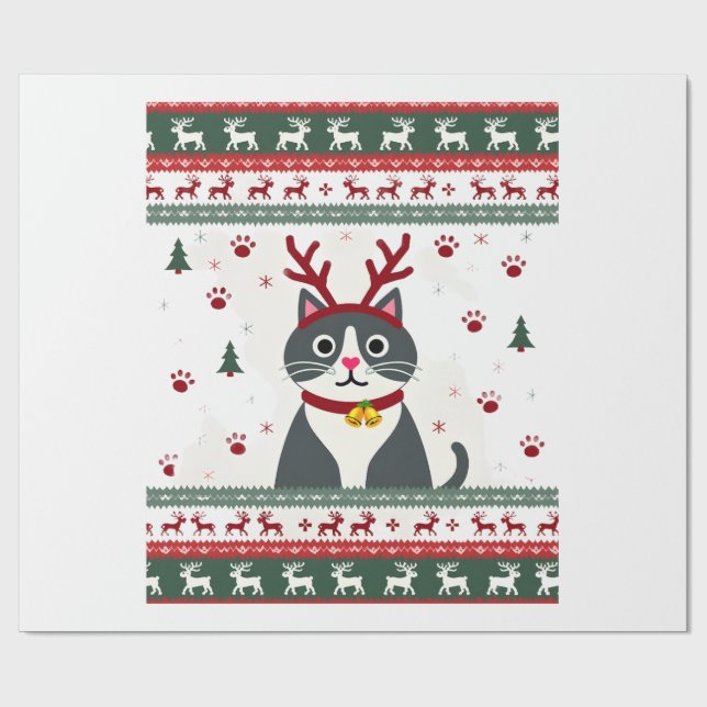 Papel De Presente Camiseta Feia de Natal com Gato e Rena (Aberto)