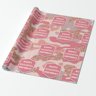 Papel De Presente Camouflage Rosa Dourado Blush Pink Camo Nome de An