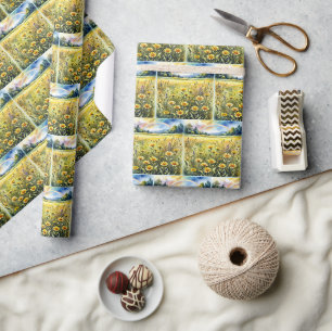 Papel De Presente Campo de Flores Silvestres aquarela com Arco-íris