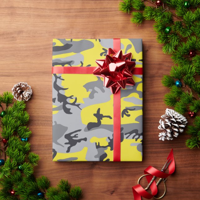 Papel De Presente Camuflagem Amarela e Cinza, Militar, Exército (Presente de Natal)