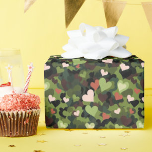 Papel De Presente Camuflagem Coração Verde