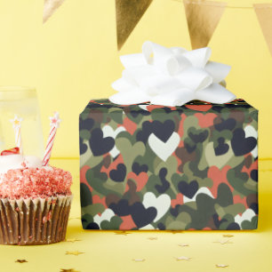 Papel De Presente Camuflagem de Coração com Padrão Verde