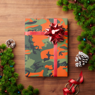 Papel De Presente Camuflagem Laranja e Verde, Militar, Exército