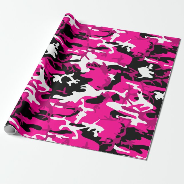 Papel De Presente camuflagem rosa quente camo branco preto (Desenrolado)