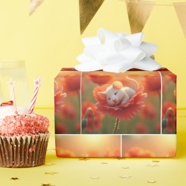 Papel De Presente Camundongo Branco apunhalando sobre uma papoila ve (Festa de aniversário)