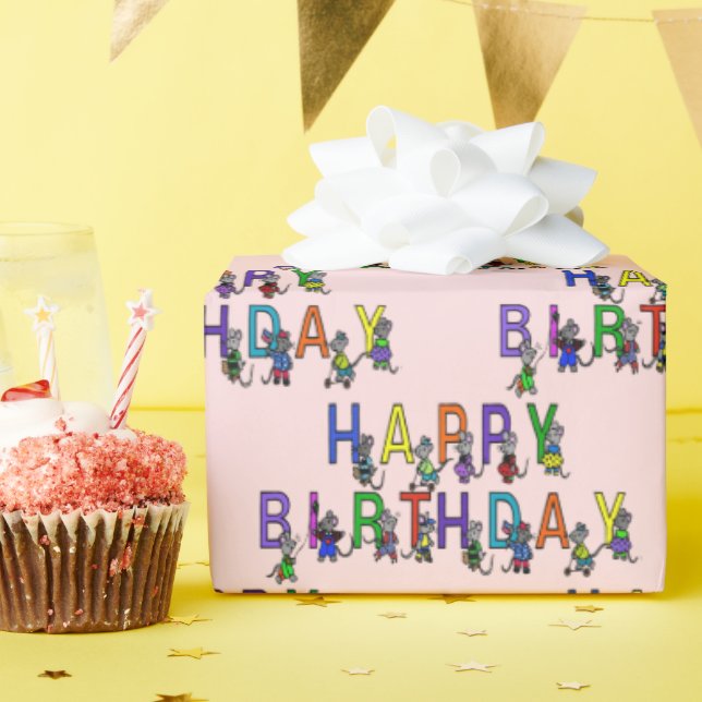 Papel De Presente Camundongos de Aniversário com Pink Blush (Festa de aniversário)
