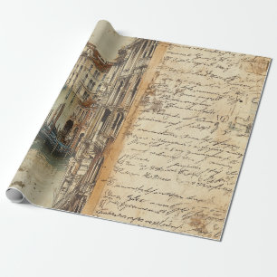 Papel De Presente Canal Vintage de Veneza com Letra Manuscrita