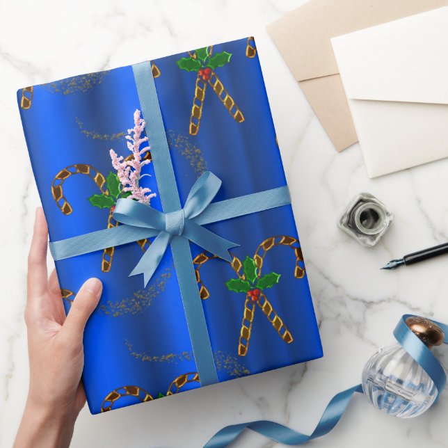 Papel De Presente Canas ouros de doces no Natal Azul (Presentear)