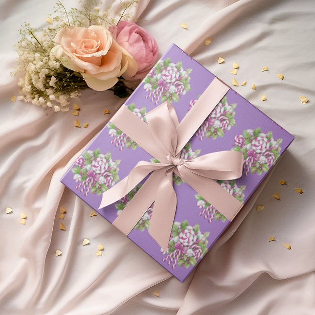 Papel De Presente Candy Cane Purple e Pink Natal (Candy canes and greenery adorn this purple background gift wrap.)