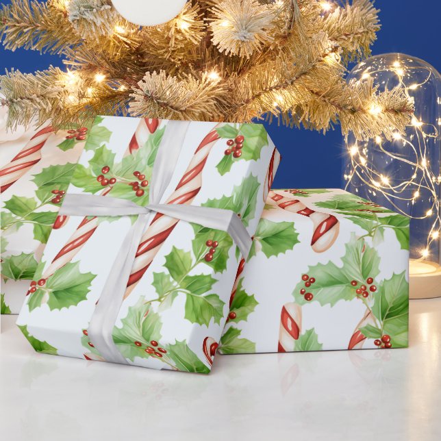 Papel De Presente Candy Canes Winter Berries Green Moderno Natal (Feriados)