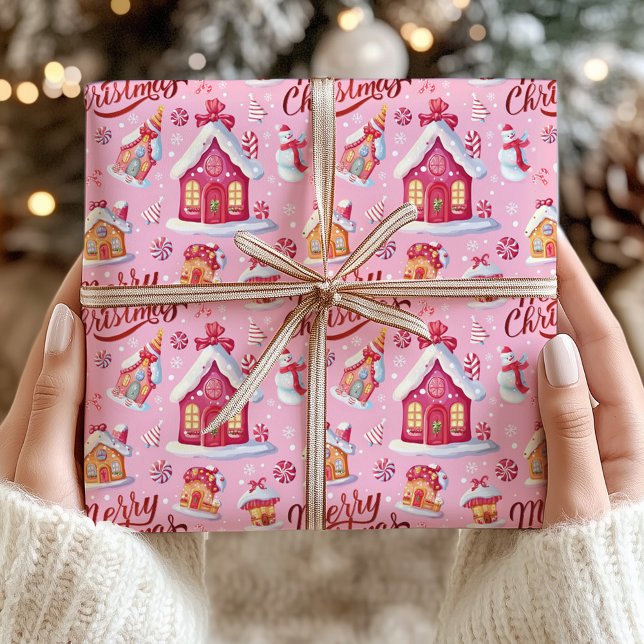 Papel De Presente Candy Fesical Whimsical Pink Feliz Natal (Candy Festive Whimsical Pink Merry Christmas Wrapping Paper)