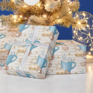 Papel De Presente Caneca Azul e Padrão de Biscoito de Gengibre