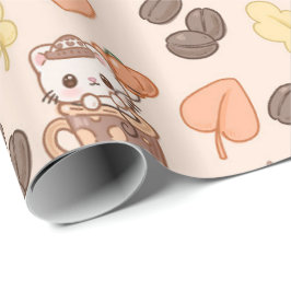 Papel De Presente Caneca de Gato de Outono Padrão de Grão de Café Ka