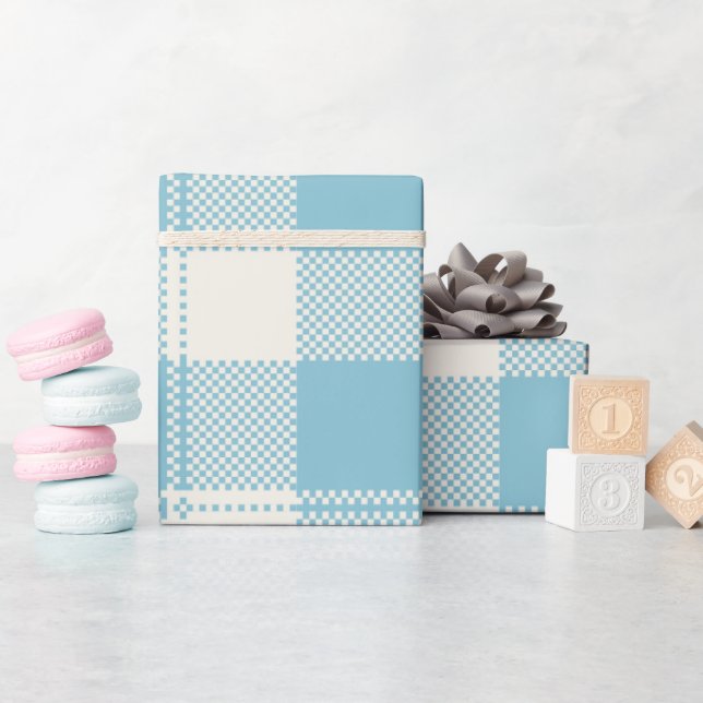 Papel De Presente Caneca Xadrez Ilustrada Simples Azul e Branco (Chá de bebê)